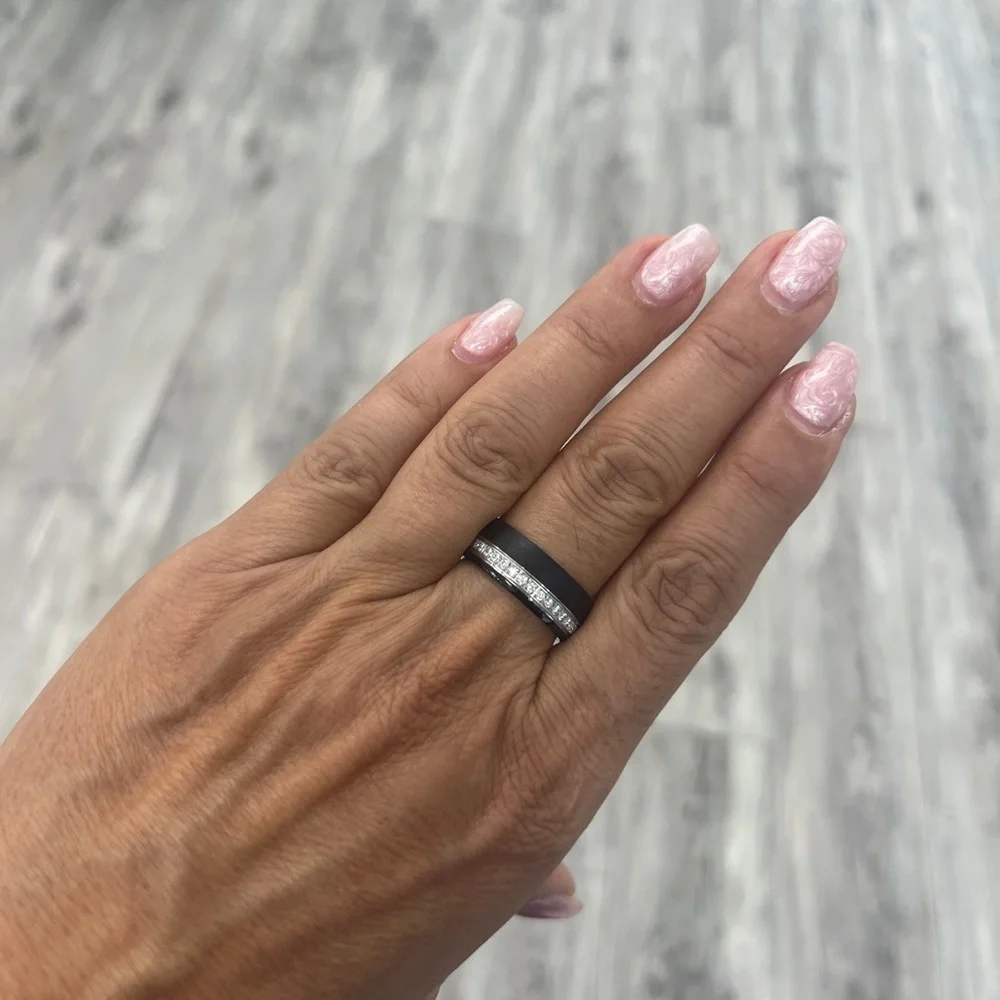 New 8mm dome clear CZ black IP plated Eternity Tungsten Wedding Band Ring
